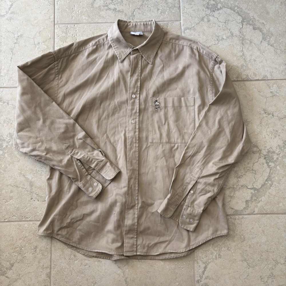 Vintage Disneyland Paris Mens Shirt Large Button Up Tan Work Shirt Mickey Mouse